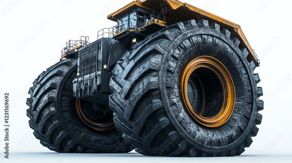 Heavy-duty construction truck with large tires on a white isolated background. Heavy-duty construction truck with large tires on a white isolated background.