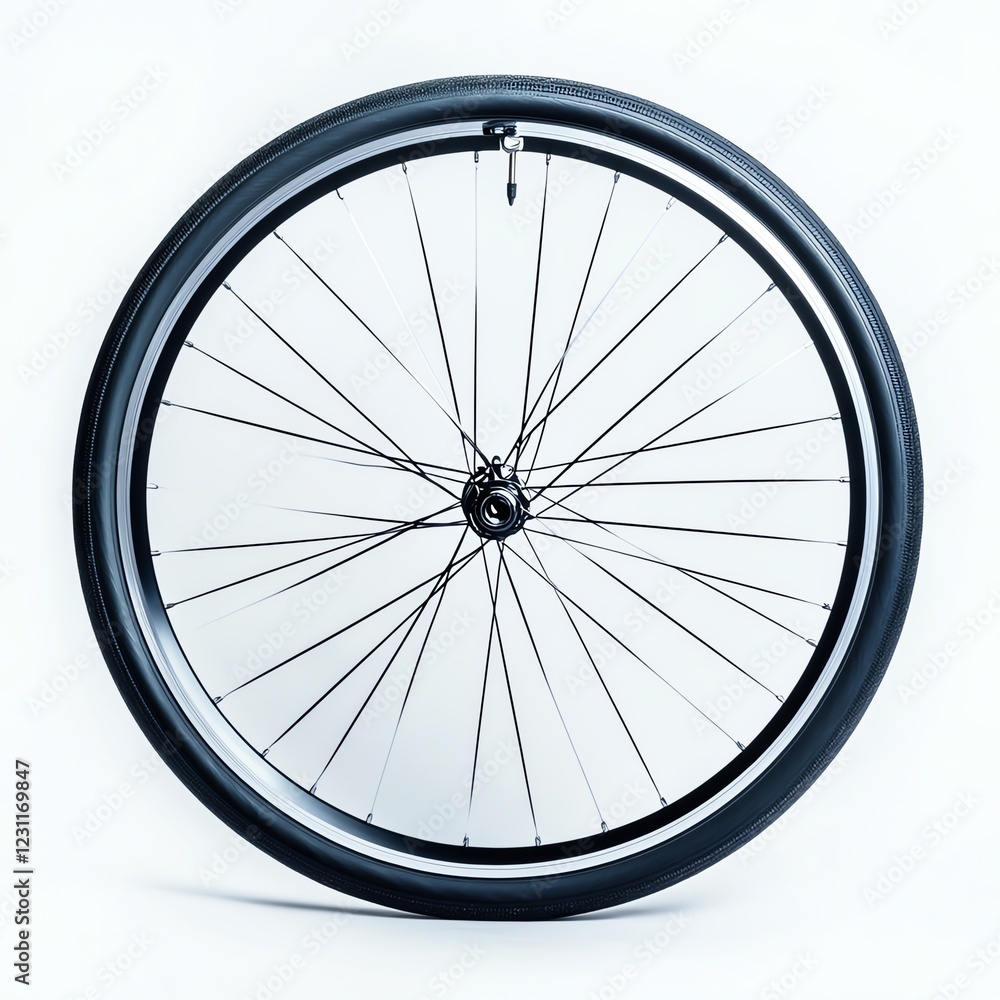 Bicycle wheel, black rim with spokes, white isolated background Bicycle wheel, black rim with spokes, white isolated background