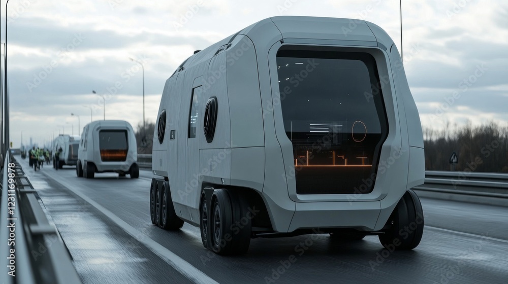 Fototapeta premium White Autonomous Vehicles Convoy on Grey Highway Under Overcast Sky