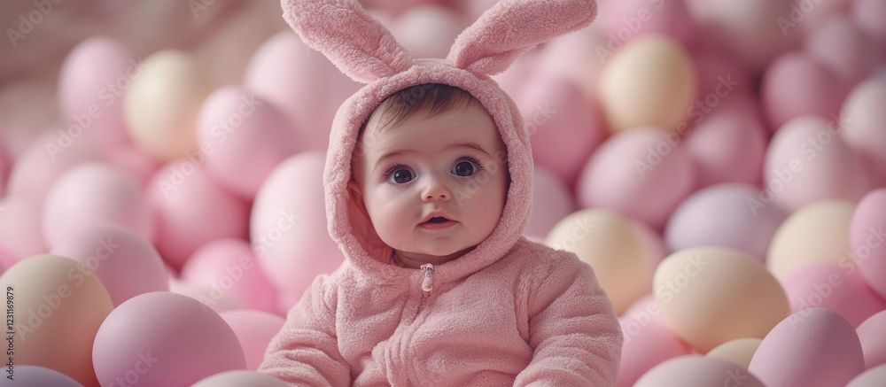 Fototapeta premium Baby bunny Easter eggs photoshoot