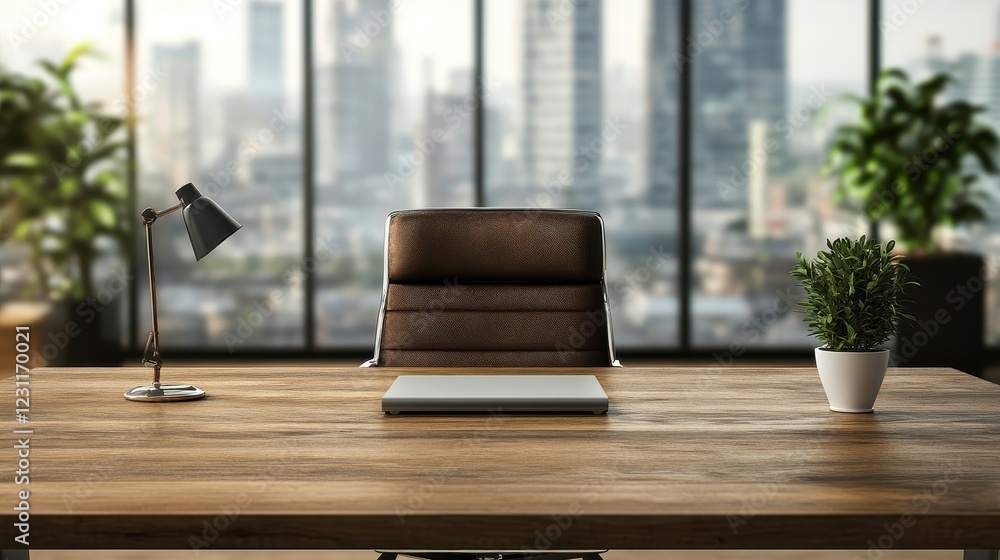 Obraz premium Empty modern office desk with leather chair, laptop, plants, and lamp. Ideal for concepts of business, success, and workspace.
