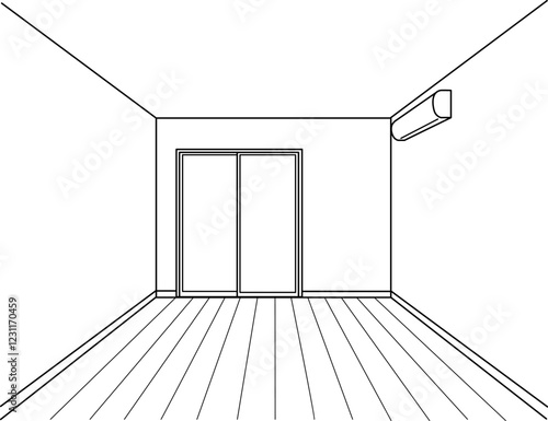 エアコンがついている何もない部屋の線画　ラインパース