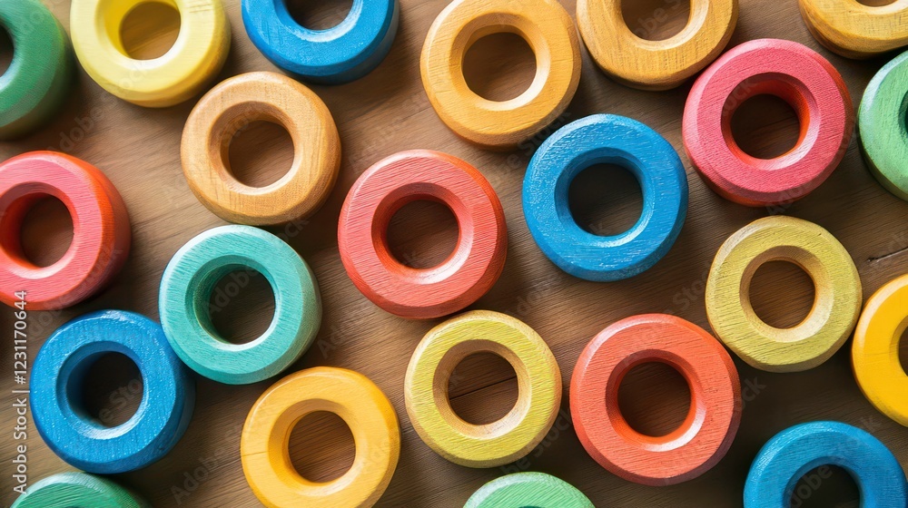 Colorful ring-shaped wood pieces representing diversity and inclusion in society. Colorful ring-shaped wood pieces representing diversity and inclusion in society.