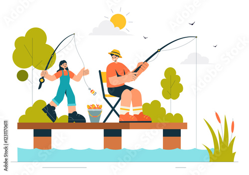 Fishing Leisure Vector Illustration featuring a Fishing Experience with Sport Angler and Bait from the Lake Shore and on a Boat in an Recreation