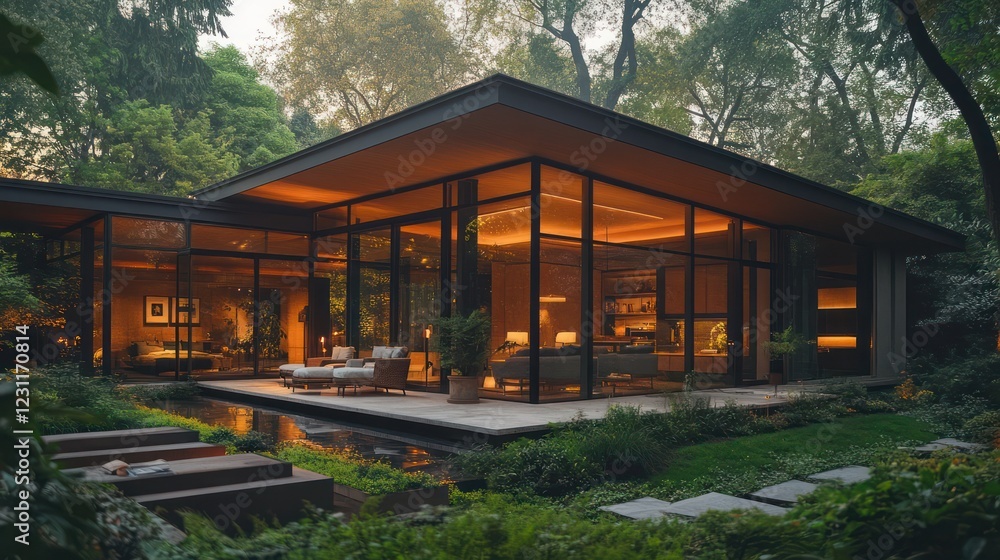 Modern Glass House nestled in Lush Greenery at Dusk Modern Glass House nestled in Lush Greenery at Dusk