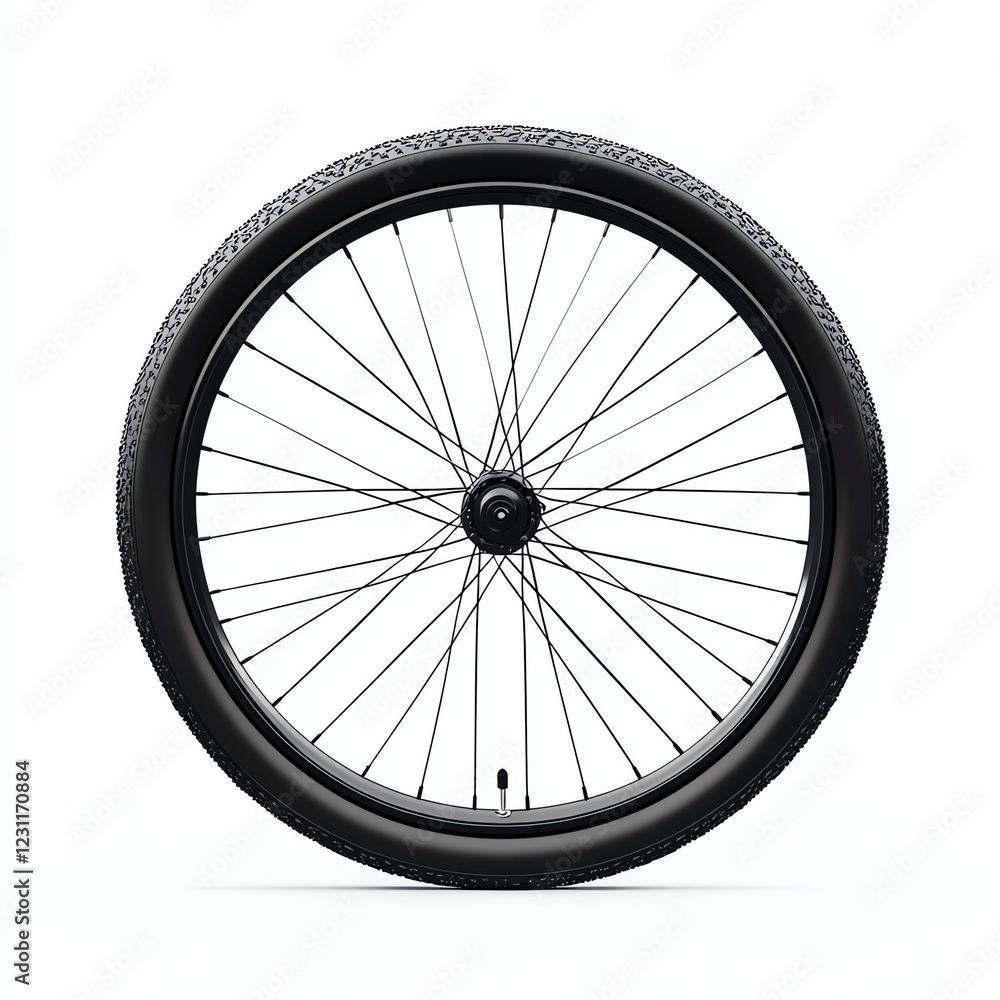 Black bicycle wheel on a white background, showcasing its design and structure. Black bicycle wheel on a white background, showcasing its design and structure.