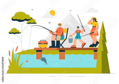 Fishing Leisure Vector Illustration featuring a Fishing Experience with Sport Angler and Bait from the Lake Shore and on a Boat in an Recreation