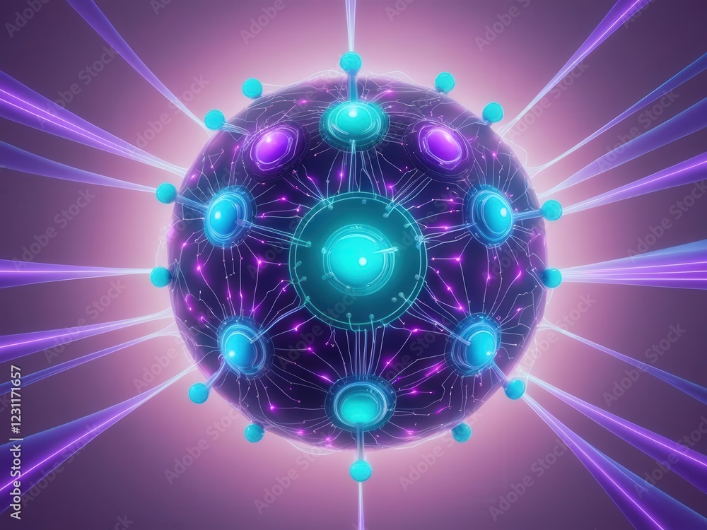 Obraz premium Cosmic Interconnectivity: An abstract rendering of a futuristic sphere, pulsating with energy and interconnectedness. The vibrant blue and purple nodes are linked by a web of glowing lines.
