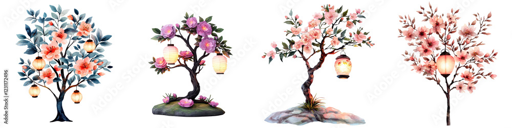 Vibrant Blooming Trees with Colorful Flowers and Foliage in Nature Scenery Beautiful springtime or summer outdoor landscape with lush blossoming trees flourishing plants Vibrant Blooming Trees with Colorful Flowers and Foliage in Nature Scenery Beautiful springtime or summer outdoor landscape with lush blossoming trees flourishing plants