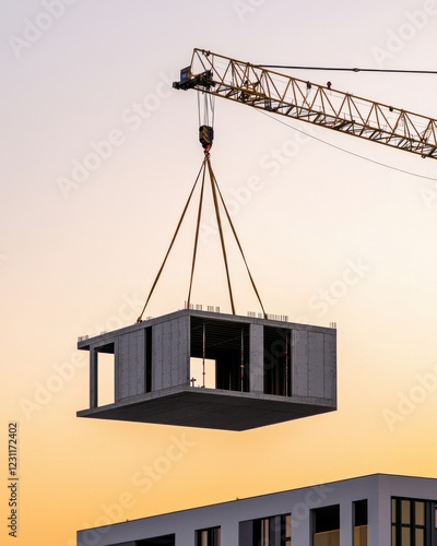 A construction crane lifts a modular building unit against a sunset backdrop, highlighting modern architecture and innovative building techniques.