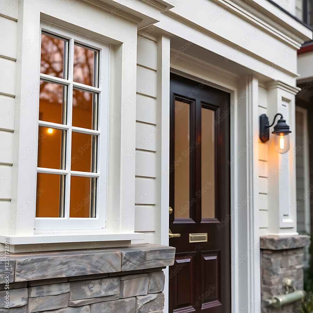 Fototapeta premium Elegant Home Exterior: Modern Architecture and Classic Design. A stunning front door and stone accents create curb appeal in this beautiful house. View high-resolution images for details.