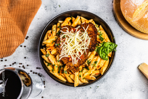 Crispy breaded chicken served over penne pasta tossed in a spicy arrabbiata sauce, topped with fresh basil and shredded mozzarella cheese.