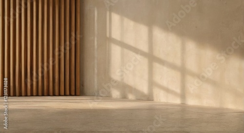 Wooden radiator in room corner with textured wall, sunlight casting warm glow. Low angle view.