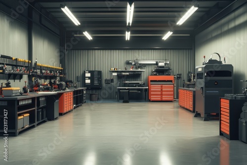 A large, empty workshop with a lot of tools and equipment