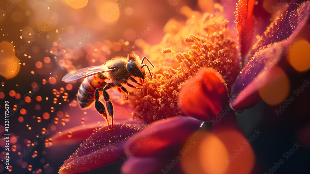 A bee collecting pollen from a vibrant flower in a dreamy, illuminated setting. A bee collecting pollen from a vibrant flower in a dreamy, illuminated setting.