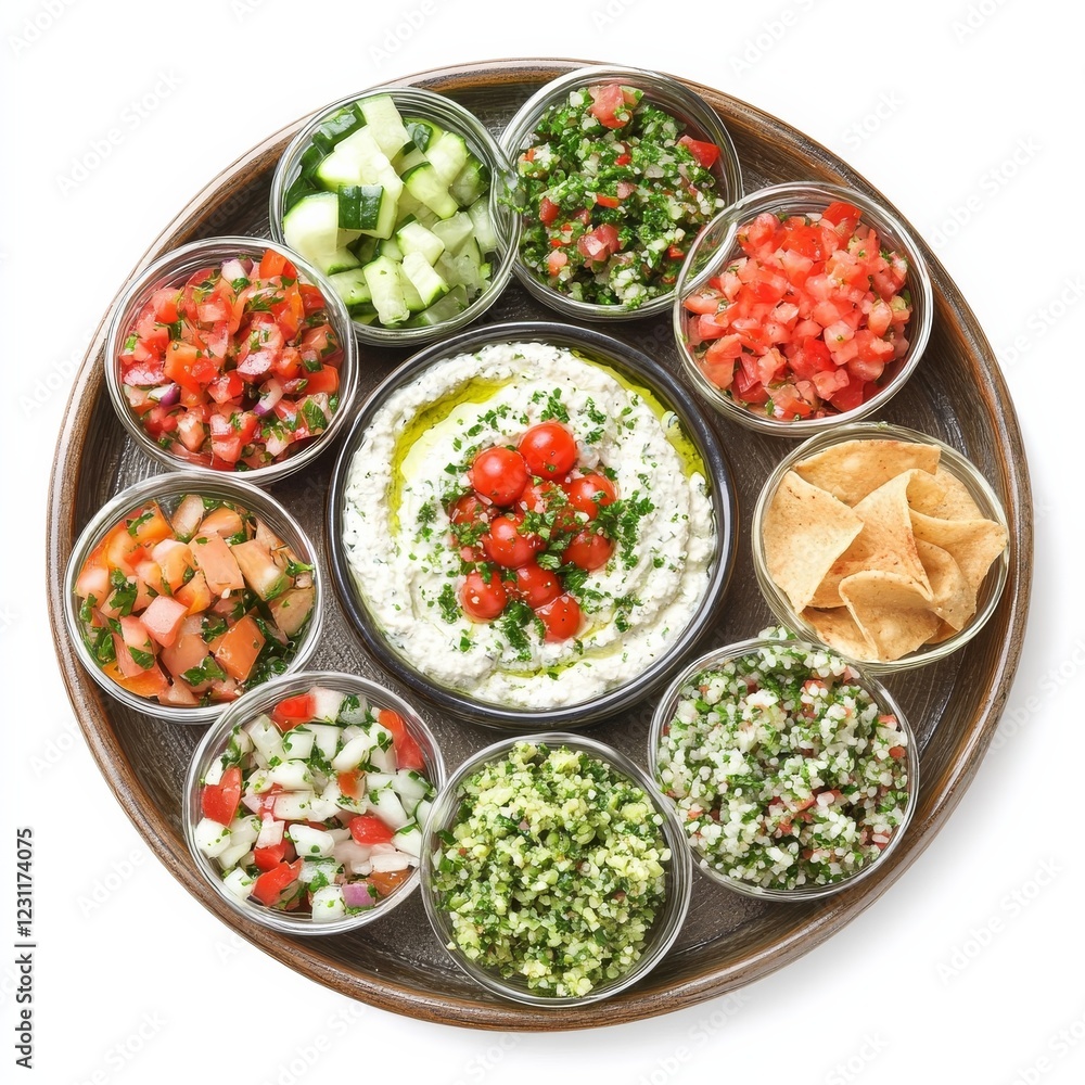 A platter of Mediterranean appetizers including baba ganoush and tabbouleh, isolated white background, abstract art style A platter of Mediterranean appetizers including baba ganoush and tabbouleh, isolated white background, abstract art style