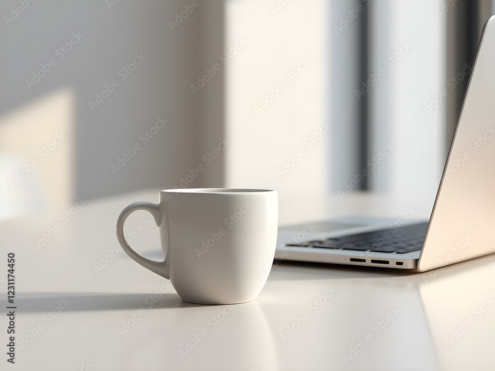 White coffee cup with laptop computer on office table for business concept, in clean office. White coffee cup with laptop computer on office table for business concept, in clean office.