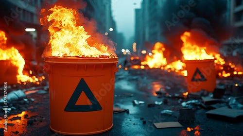 Φωτογραφία A chaotic urban scene featuring burning barrels, smoke, and debris, depicting a moment of unrest or protest in a city environment