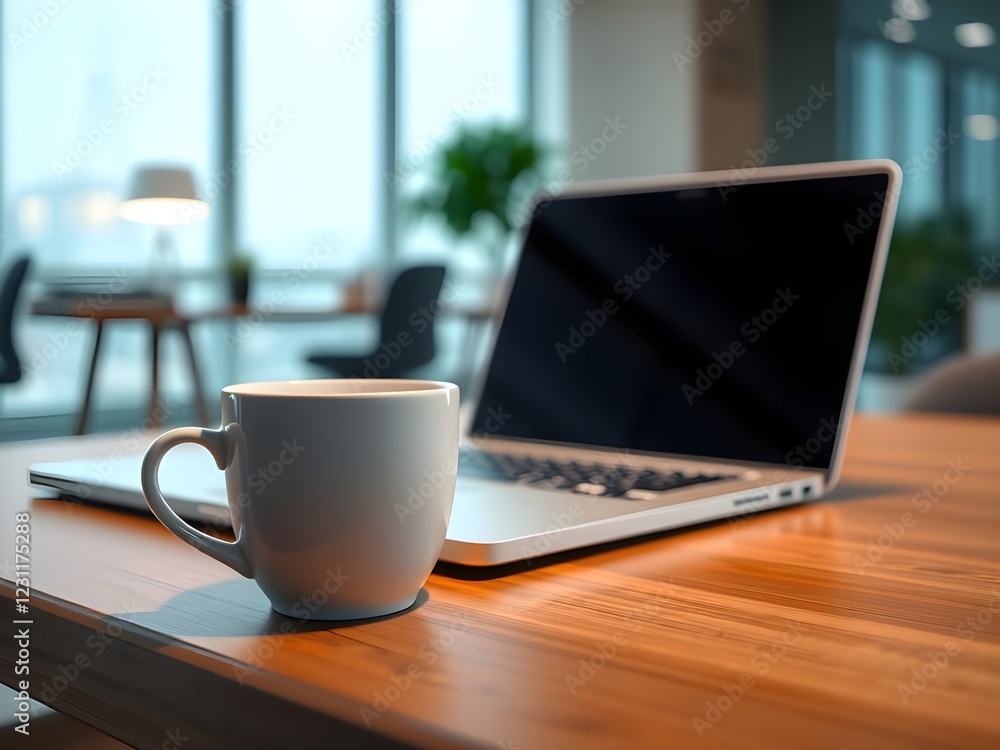 White coffee cup with laptop computer on office table for business concept, in clean office. White coffee cup with laptop computer on office table for business concept, in clean office.