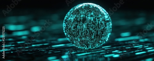 A glowing sphere surrounded by flowing binary code creates a futuristic digital landscape, symbolizing technology and data.