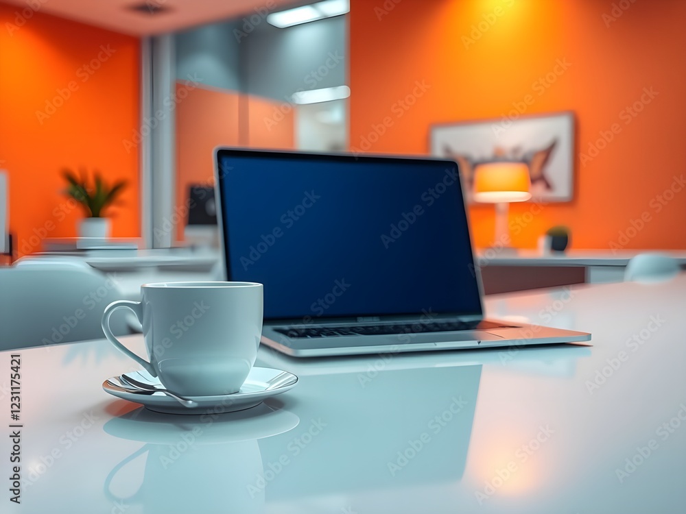 White coffee cup with laptop computer on office table for business concept, in clean office. White coffee cup with laptop computer on office table for business concept, in clean office.