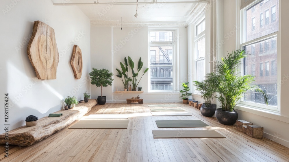 Fototapeta premium Bright yoga studio with wood floors, plants, and large windows.