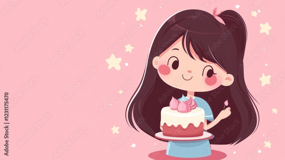 Cute cartoon little girl with cake on a pink background isolated. Anime style. Modern trend. Print for t-shirt for kids Cute cartoon little girl with cake on a pink background isolated. Anime style. Modern trend. Print for t-shirt for kids