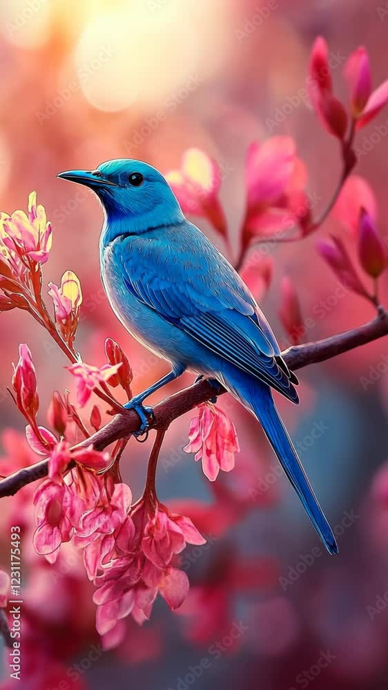 Beautiful blue bird perched on cherry blossom branch during spring in soft sunlight Beautiful blue bird perched on cherry blossom branch during spring in soft sunlight