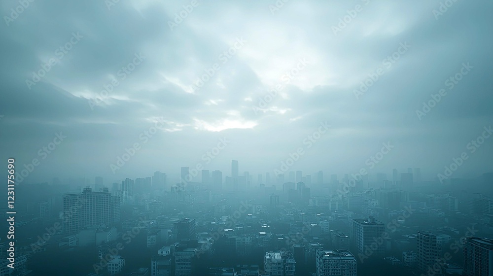 City in Fog: An Aerial View of a Dense Urban Landscape City in Fog: An Aerial View of a Dense Urban Landscape