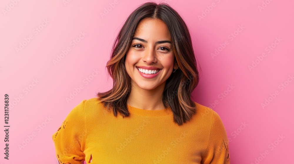 Smiling Woman in Yellow Sweater Against Pink Background Smiling Woman in Yellow Sweater Against Pink Background