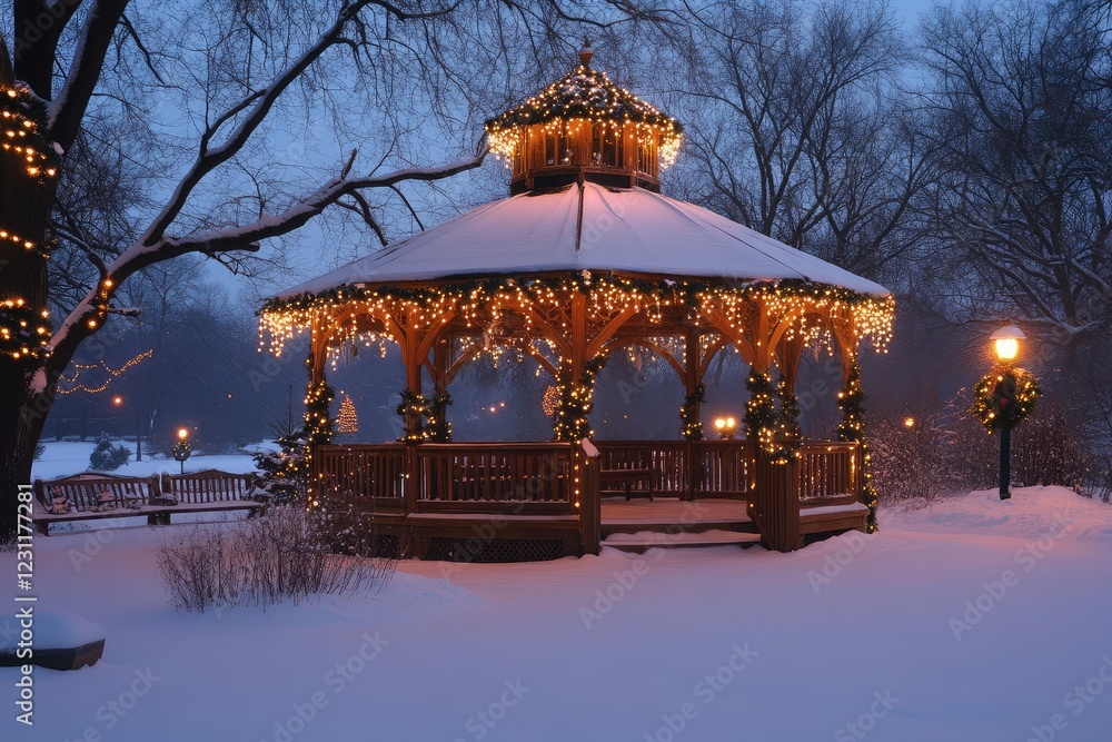 custom made wallpaper toronto digitalFestively decorated gazebo in a snowy park with twinkling lights, offering a charming holiday setting