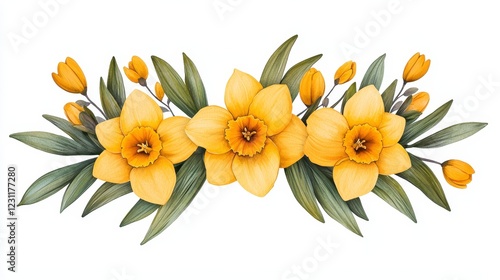 Wallpaper Mural Watercolor Yellow Daffodil Floral Arrangement With Green Leaves On White Background Torontodigital.ca