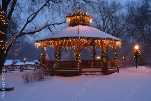 Wallpaper Mural Festively decorated gazebo in a snowy park with twinkling lights, offering a charming holiday setting Torontodigital.ca