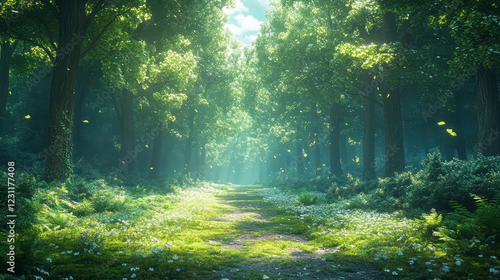 Fototapeta premium Enchanted Forest Path: A Sunlit Walk Through Nature's Majesty