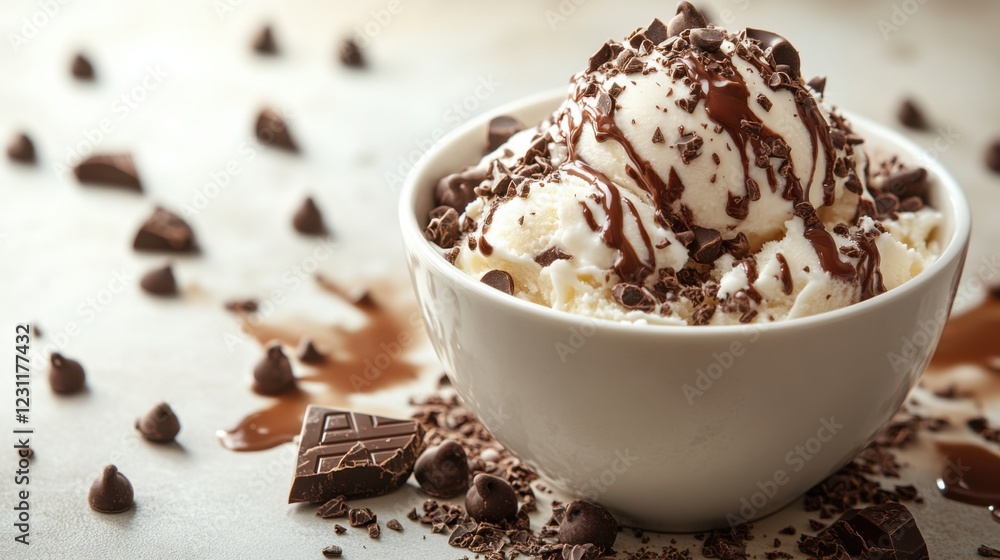 Delicious dessert bowl filled with ice cream, chocolate chips, and syrup on a textured surface Delicious dessert bowl filled with ice cream, chocolate chips, and syrup on a textured surface