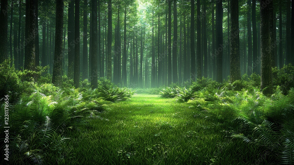 Obraz premium Lush Green Forest with Tall Trees and Vibrant Ferns in Fresh Light