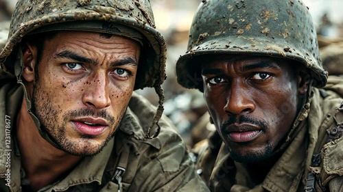 Brothers in Arms: Close-up portrait of two determined soldiers, one Caucasian and one African American, showcasing their intense focus and unwavering resolve amidst the grim realities of war.