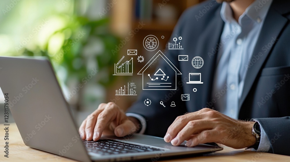 A businessman works on a laptop with graphics illustrating digital innovation. A businessman works on a laptop with graphics illustrating digital innovation.