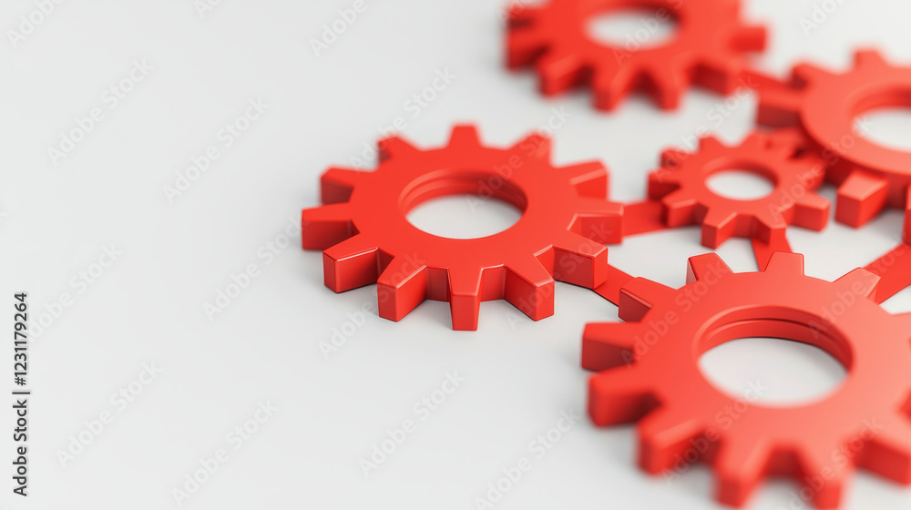 A close-up of interlocking red gears, showcasing their mechanical design and texture against a light background.