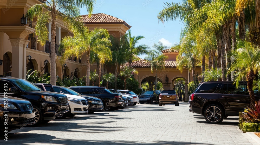 Obraz premium Luxurious sedans and SUVs parked outside an upscale resort, radiating sophistication