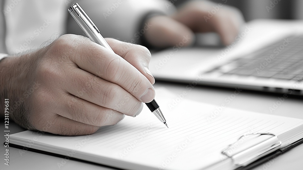 A close-up of a hand writing notes in a notepad, laptop visible in the background. A close-up of a hand writing notes in a notepad, laptop visible in the background.