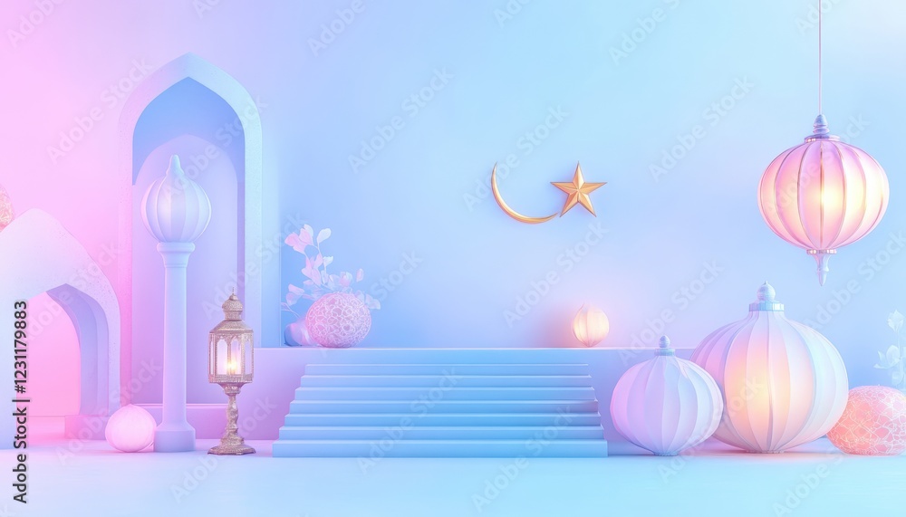 Festive Ramadan Background Pastel Colors Moon Star Lanterns Stairs Arch Festive Ramadan Background Pastel Colors Moon Star Lanterns Stairs Arch