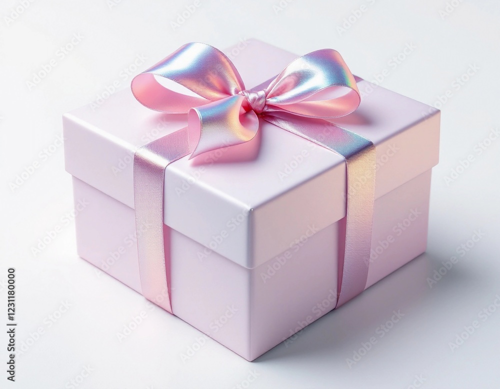Fototapeta premium Elegant pale pink gift box with a lustrous iridescent ribbon on a white backdrop