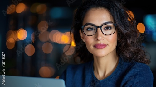A confident woman in glasses working on a laptop in a cozy, illuminated environment.