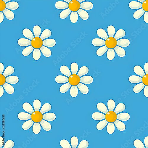 A repeating pattern of white daisies with yellow centers on a blue background.