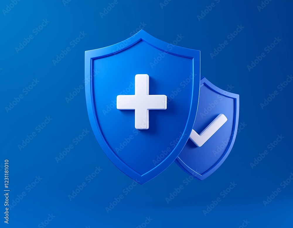 Fototapeta premium Medical care assurance depiction with protective shield and verification marker against blue background
