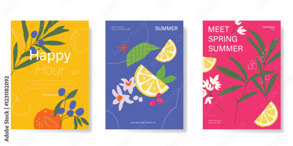 Fototapeta premium Summer tropical fruit poster background vector. Lemon, orange, flower, leaves with watercolor texture. Design for promotion, cocktail drink advertising, packaging, interior.