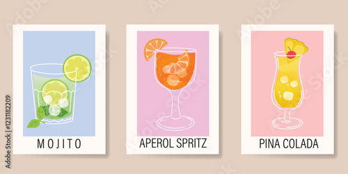 Summer cocktail poster background vector. Mojito, Aperol Spritz, Pina Colada with watercolor texture. Design for promotion, cocktail drink advertising, packaging, interior.