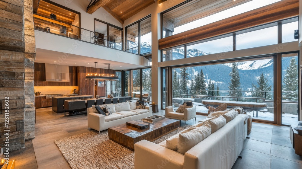 Luxury Mountain Home Interior with Open Floor Plan and Stunning Views Luxury Mountain Home Interior with Open Floor Plan and Stunning Views