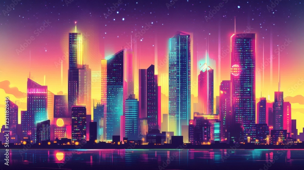 Naklejka premium Neon Cityscape Skyline At Sunset Vibrant Towers